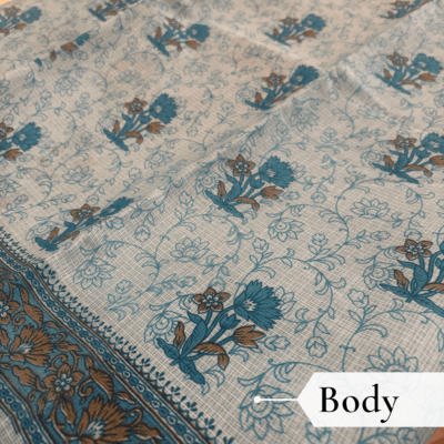 Kota Doria Floral Print Saree — Sky Blue — Rozana — draped, walking
