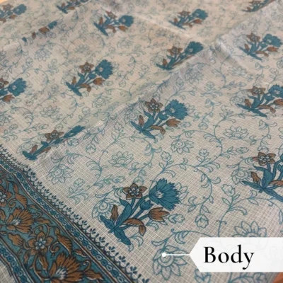 Kota Doria Floral Print Saree — Sky Blue — Rozana — draped, walking