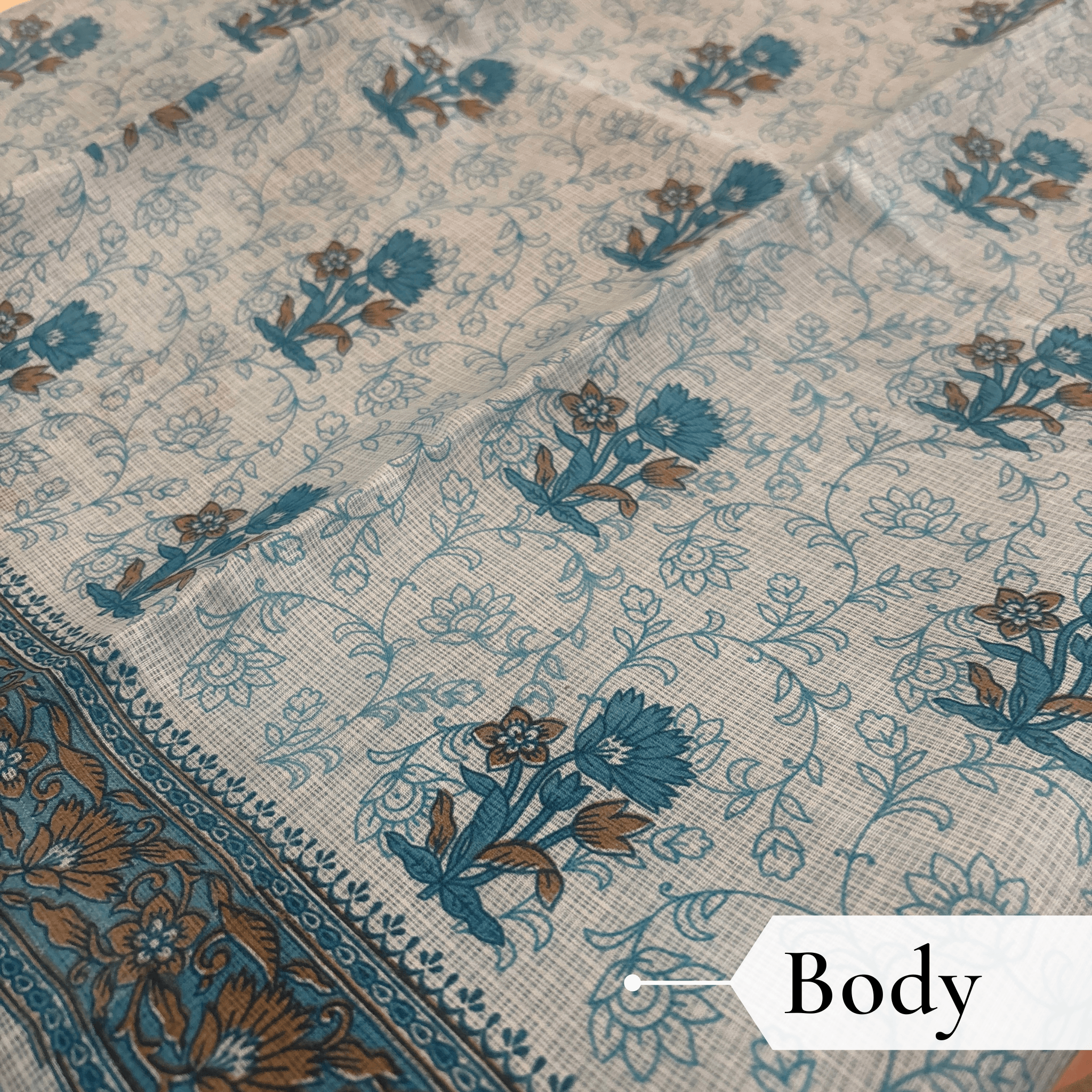 Kota Doria Floral Print Saree — Sky Blue — Rozana — draped, walking