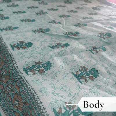 Kota Doria Floral Print Saree — Rama Green — Rozana — draped, walking