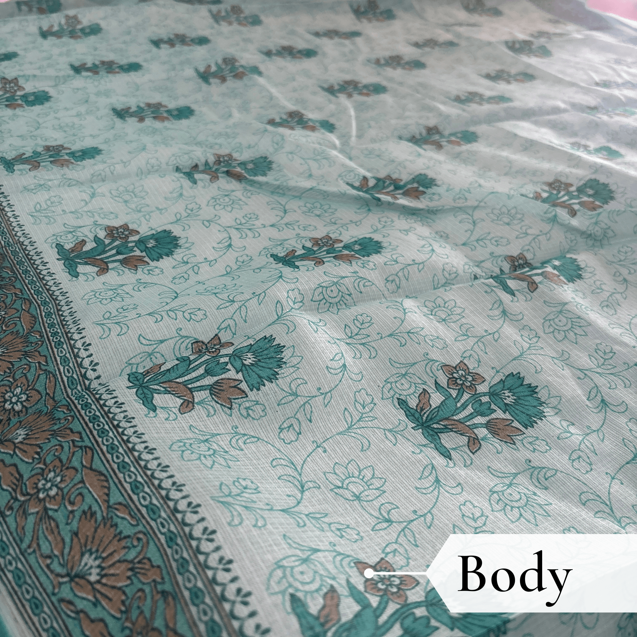 Kota Doria Floral Print Saree — Rama Green — Rozana — draped, walking
