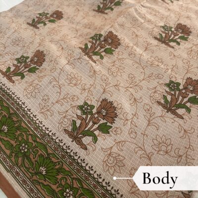 Kota Doria Floral Print Saree — Beige — Rozana — draped, walking