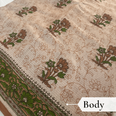 Kota Doria Floral Print Saree — Beige — Rozana — draped, walking