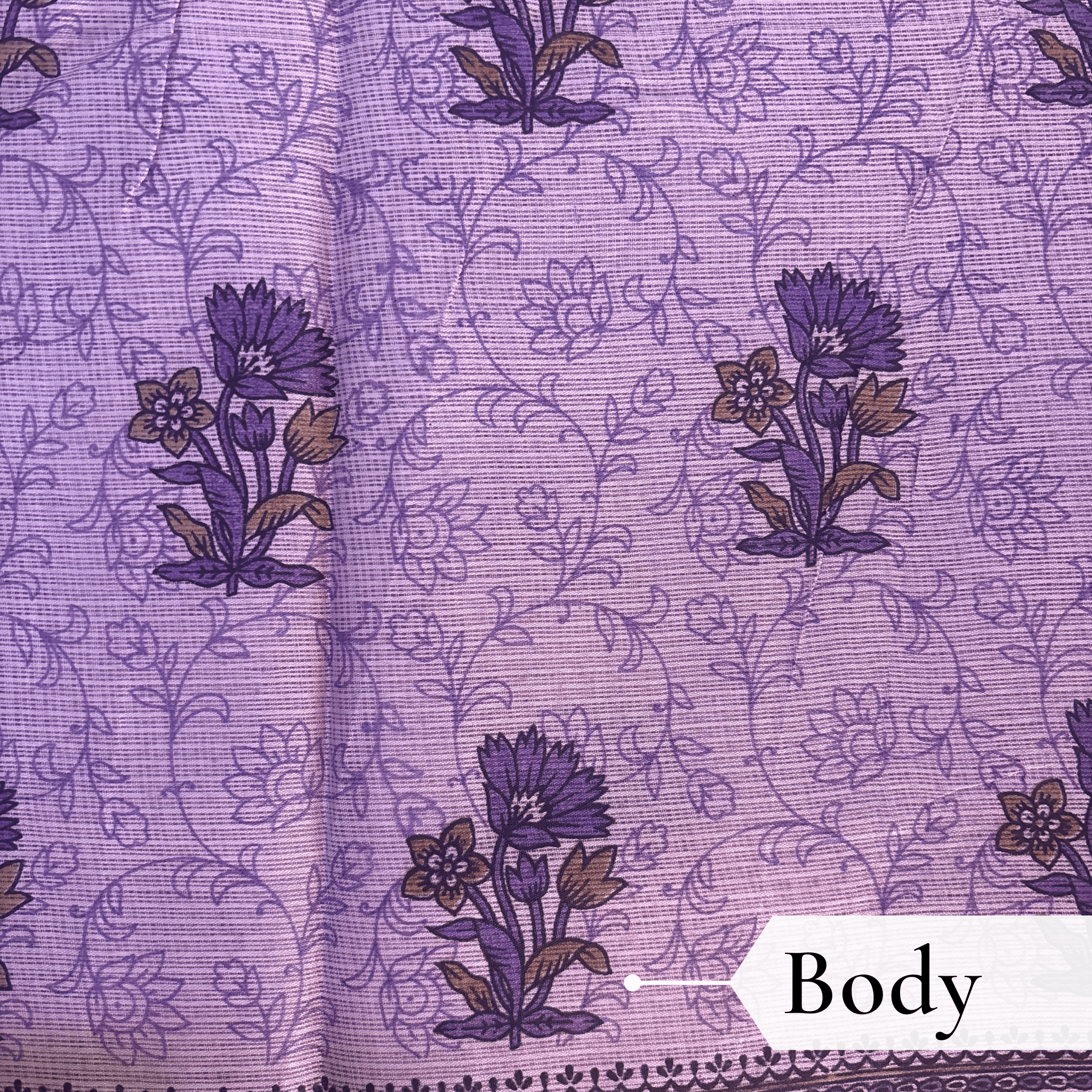 Kota Doria Floral Print Saree — Purple — Rozana — draped, walking
