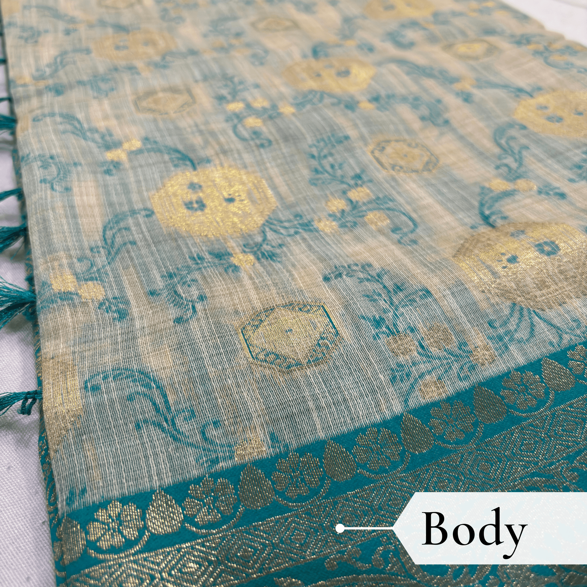 Cotton Geometric Bel Woven Saree — Peacock Blue - Image 3