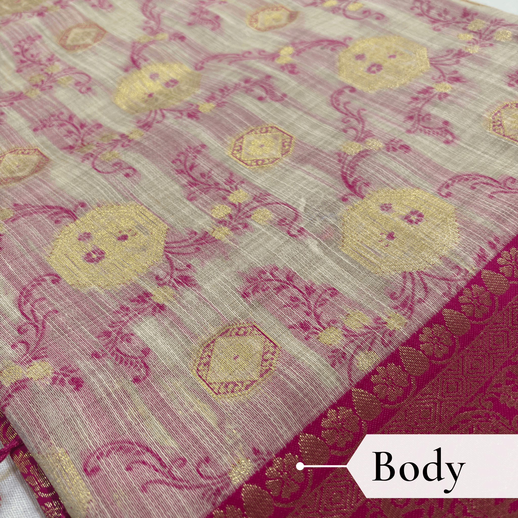 Cotton Geometric Bel Woven Saree — Rani Pink - Image 3