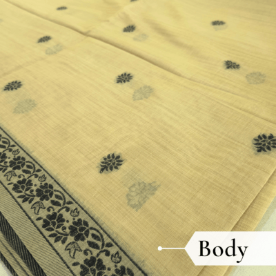 Cotton Kalamkari Woven Saree — Yellow — Daftar — draped, walking