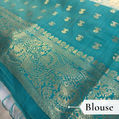 Cotton Geometric Bel Woven Saree — Peacock Blue - Image 6