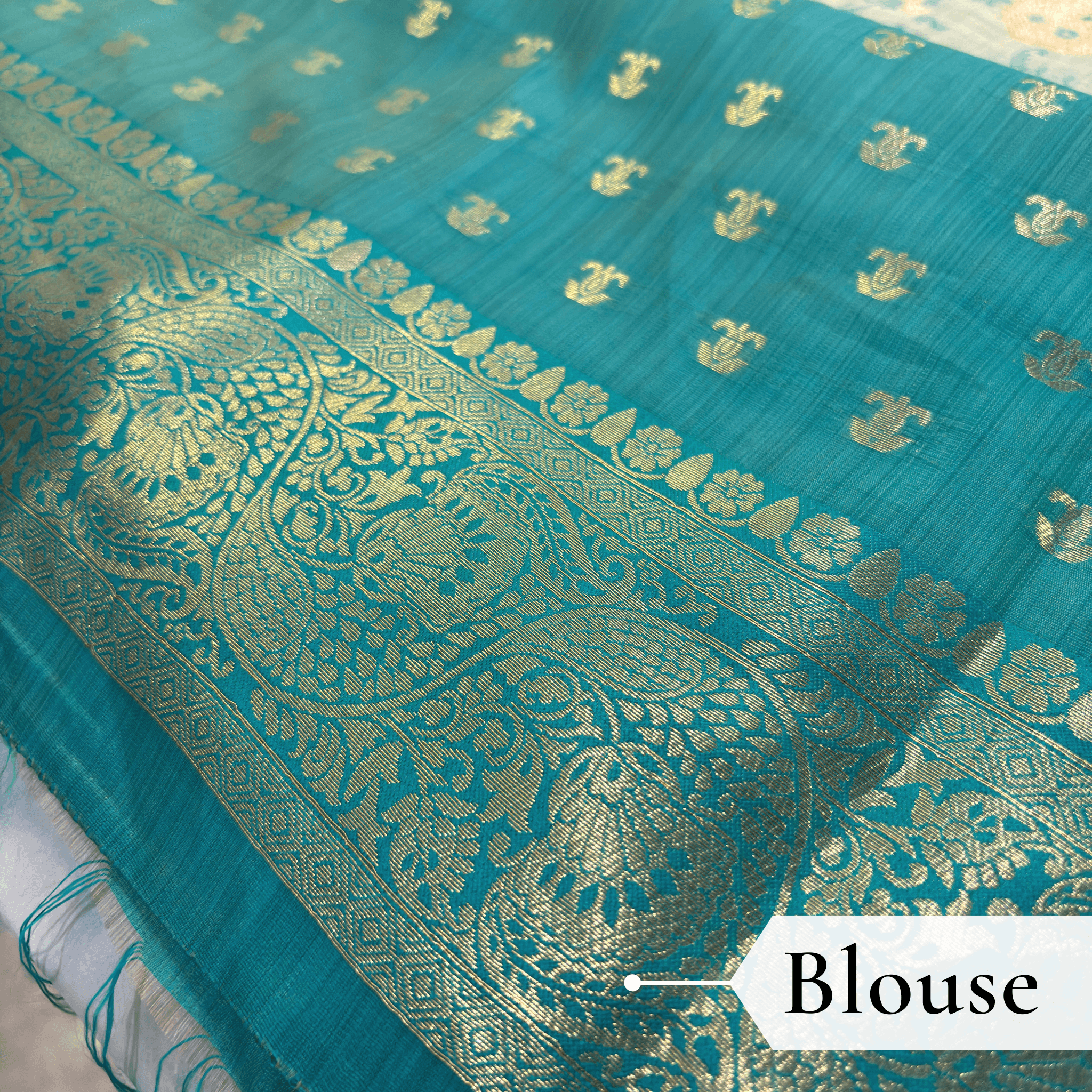 Cotton Geometric Bel Woven Saree — Peacock Blue - Image 6