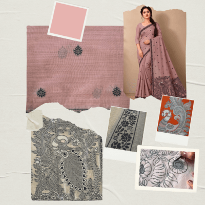 Cotton Kalamkari Woven Saree — Pink — Daftar — drape detail