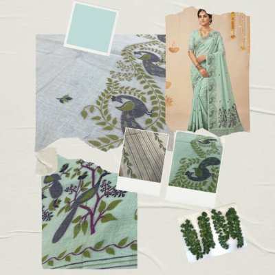 Cotton Mor Woven Saree — Mint Green — Tyohar — drape detail
