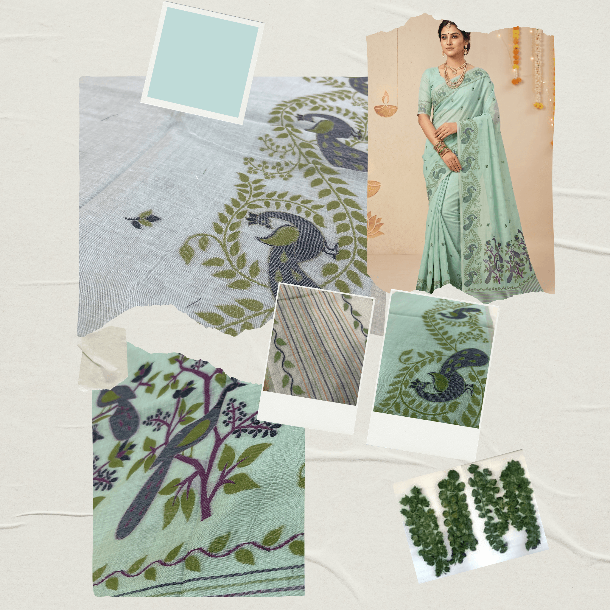 Cotton Mor Woven Saree — Mint Green — Tyohar — drape detail