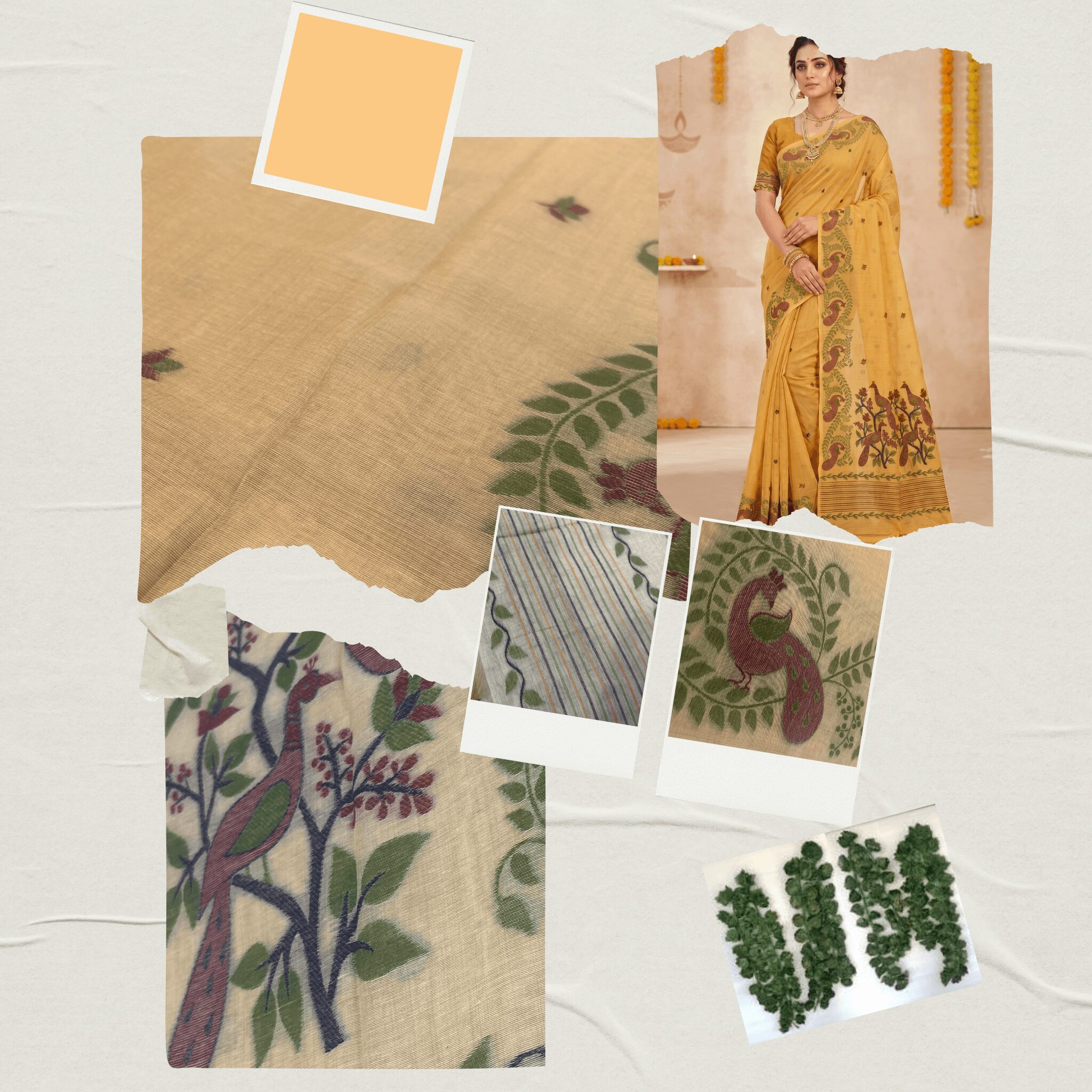 Cotton Mor Woven Saree — Lemon Yellow — Tyohar — drape detail