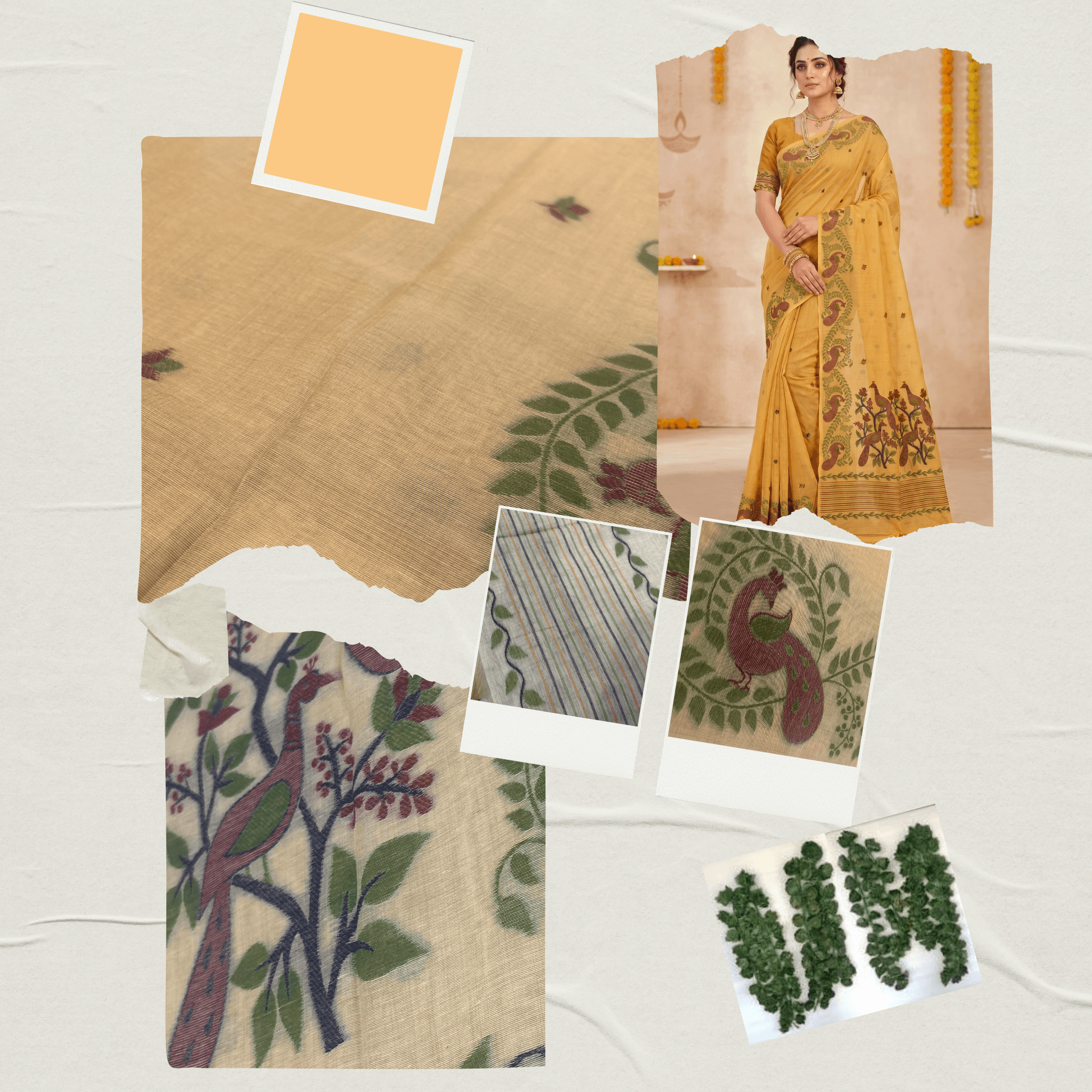 Cotton Mor Woven Saree — Lemon Yellow — Tyohar — drape detail