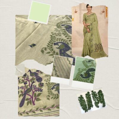 Cotton Mor Woven Saree — Lime Green — Tyohar — drape detail