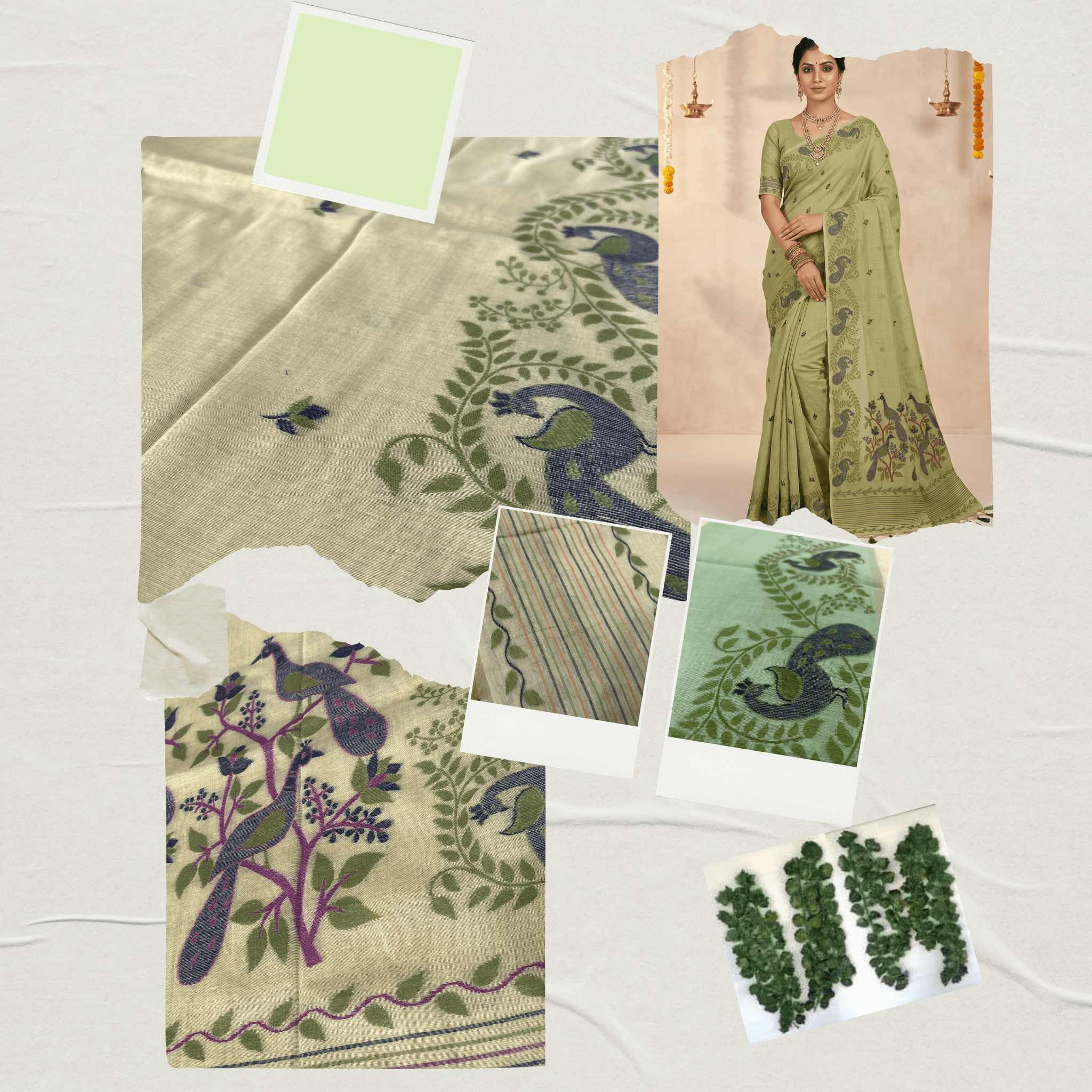 Cotton Mor Woven Saree — Lime Green — Tyohar — drape detail