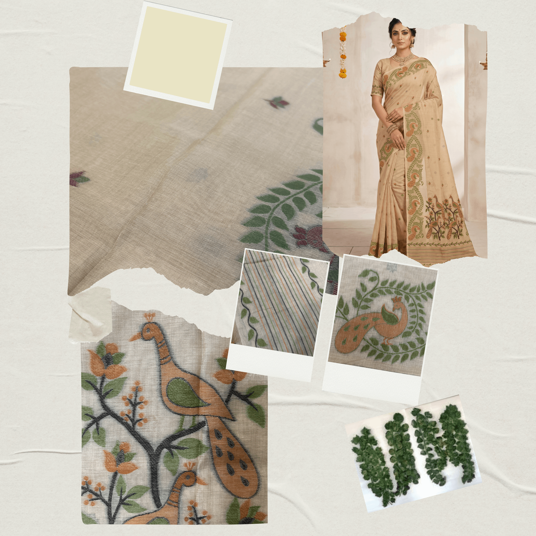 Cotton Mor Woven Saree — Beige — Tyohar — drape detail