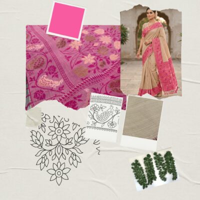 Cotton Plain Saree with Woven Border — Pink — Aarambh — drape detail