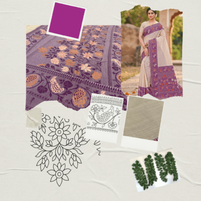 Cotton Plain Saree with Woven Border — Purple — Aarambh — drape detail