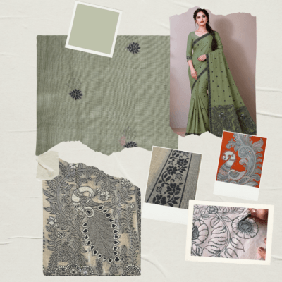 Cotton Kalamkari Woven Saree — Green — Daftar — drape detail