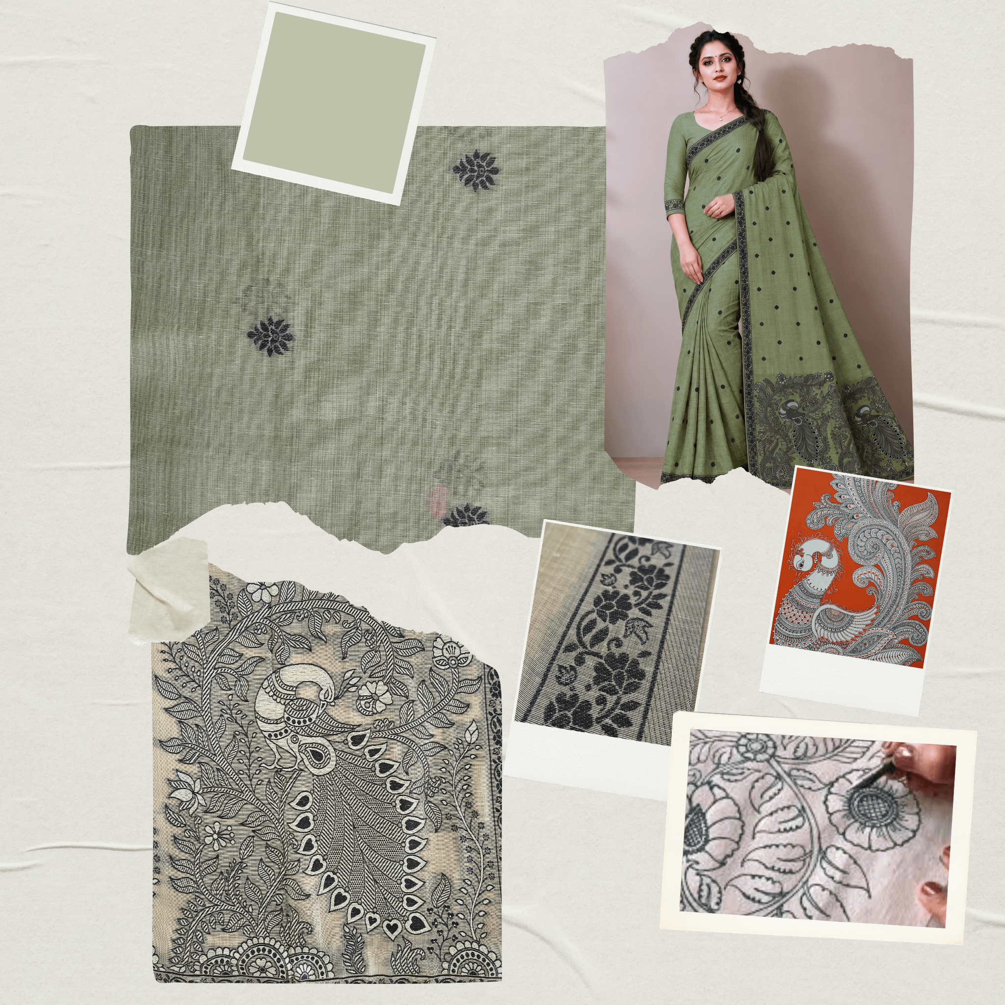 Cotton Kalamkari Woven Saree — Green — Daftar — drape detail