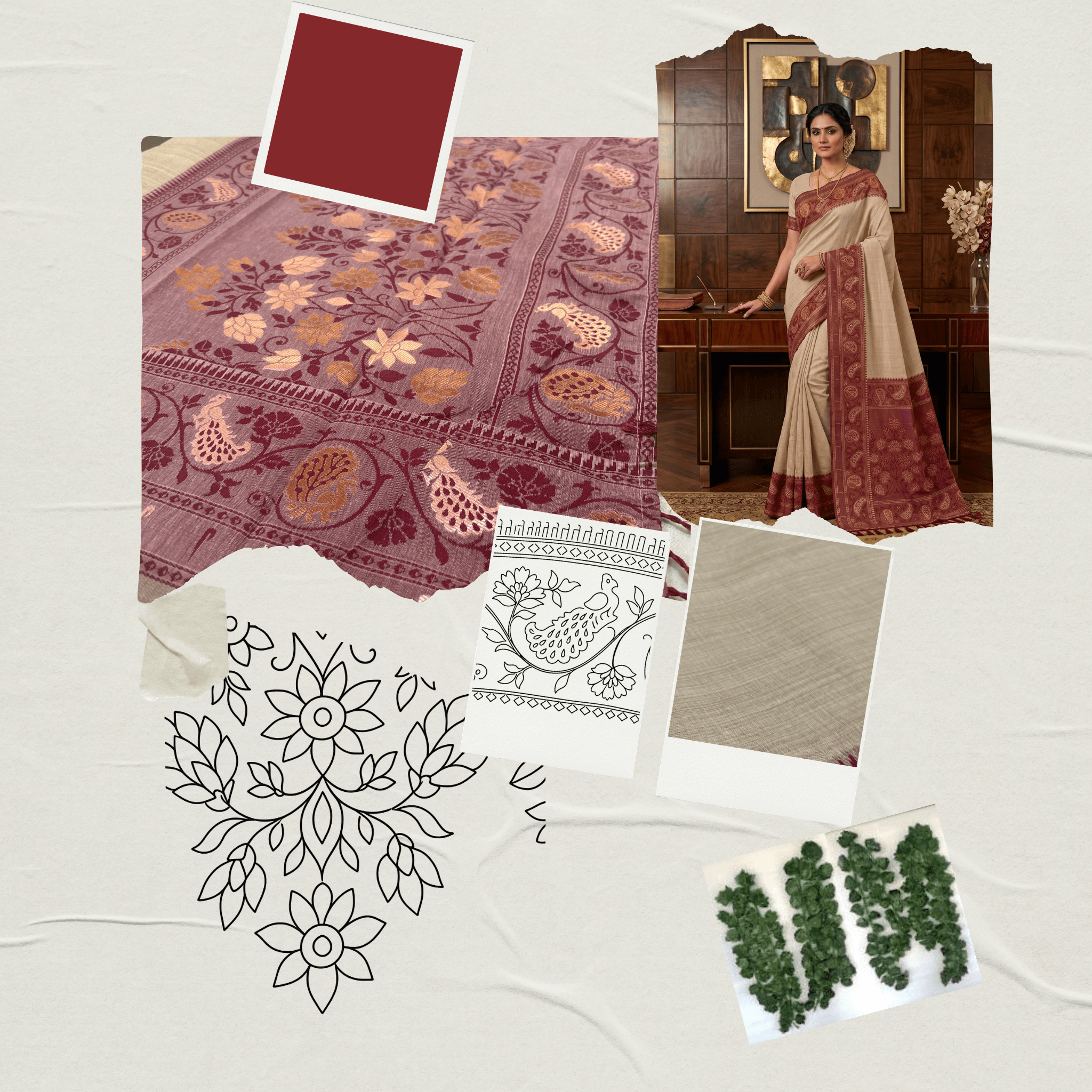 Cotton Plain Saree with Woven Border — Maroon — Aarambh — drape detail