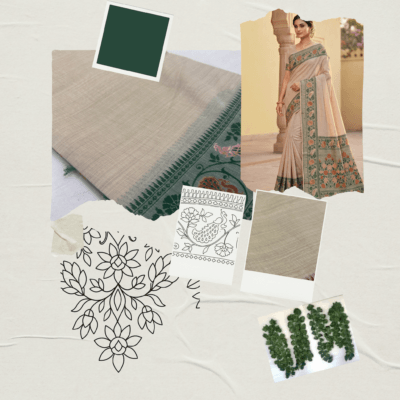 Cotton Plain Saree with Woven Border — Dark Green — Aarambh — drape detail