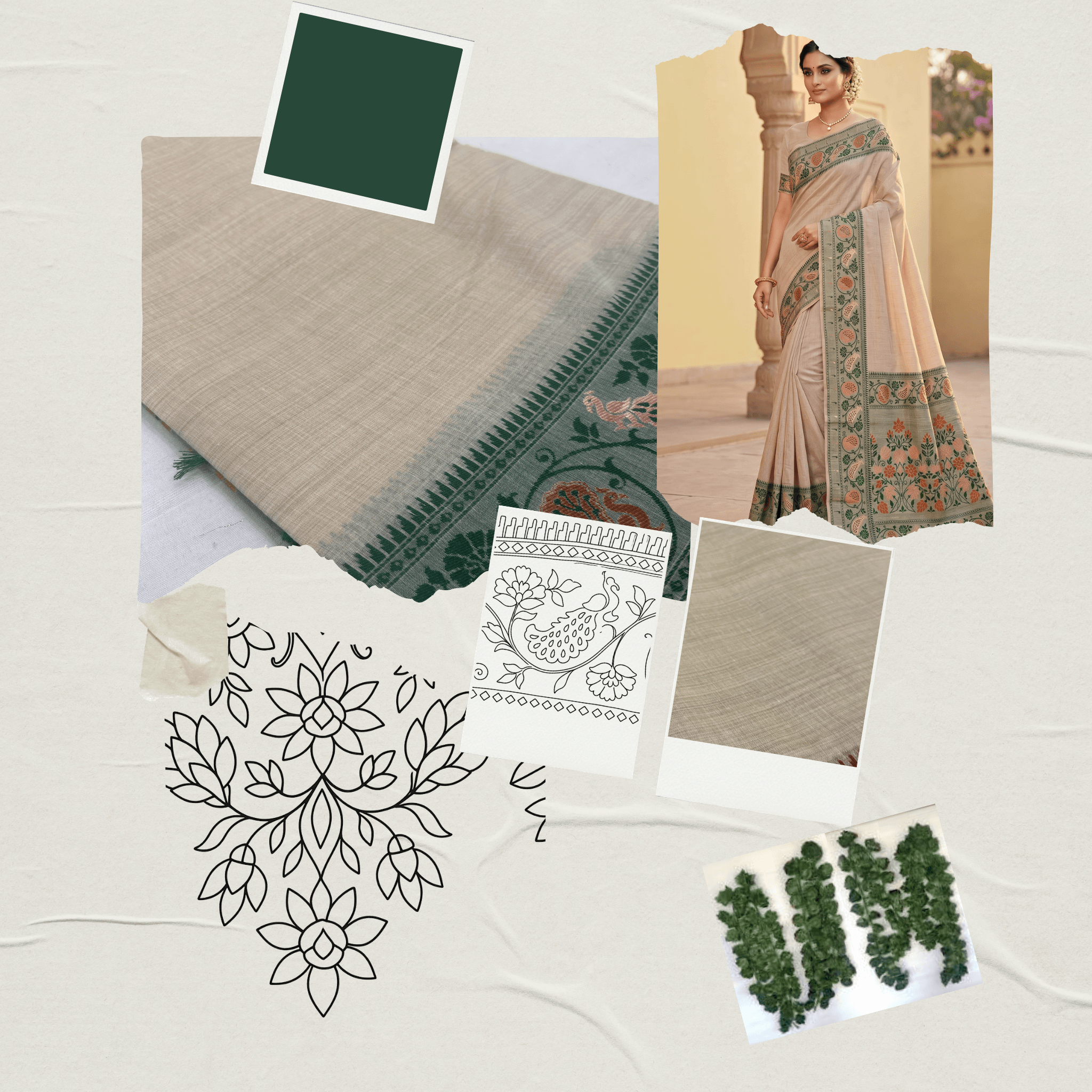 Cotton Plain Saree with Woven Border — Dark Green — Aarambh — drape detail
