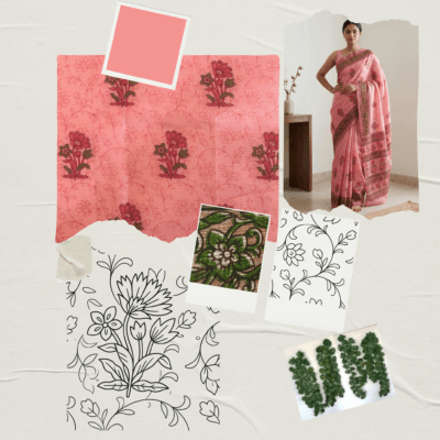 Kota Doria Floral Print Saree — Peach — Rozana — drape detail