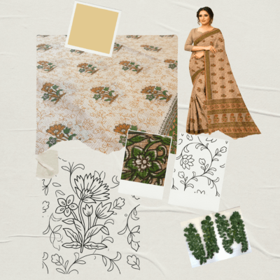 Kota Doria Floral Print Saree — Mustard Yellow — Rozana — drape detail