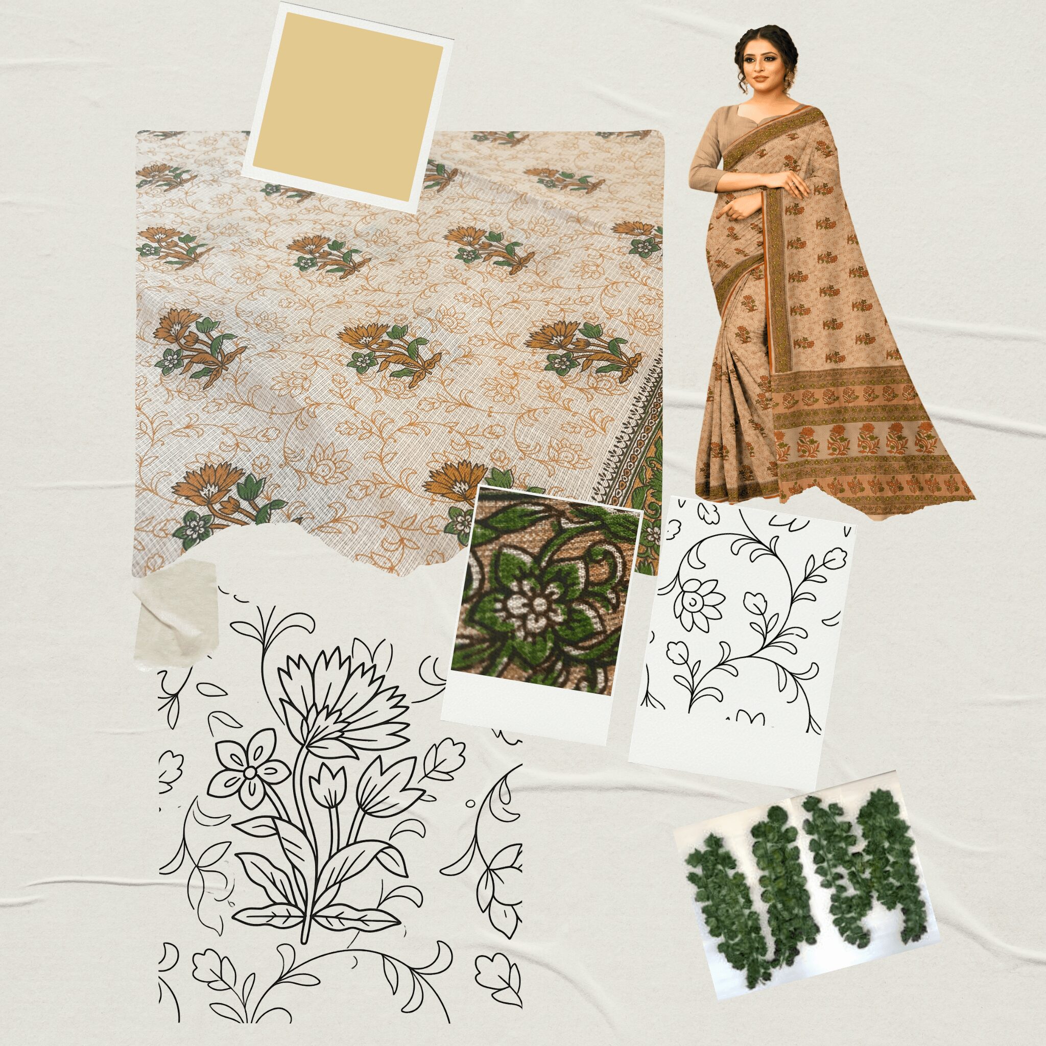 Kota Doria Floral Print Saree — Mustard Yellow — Rozana — drape detail