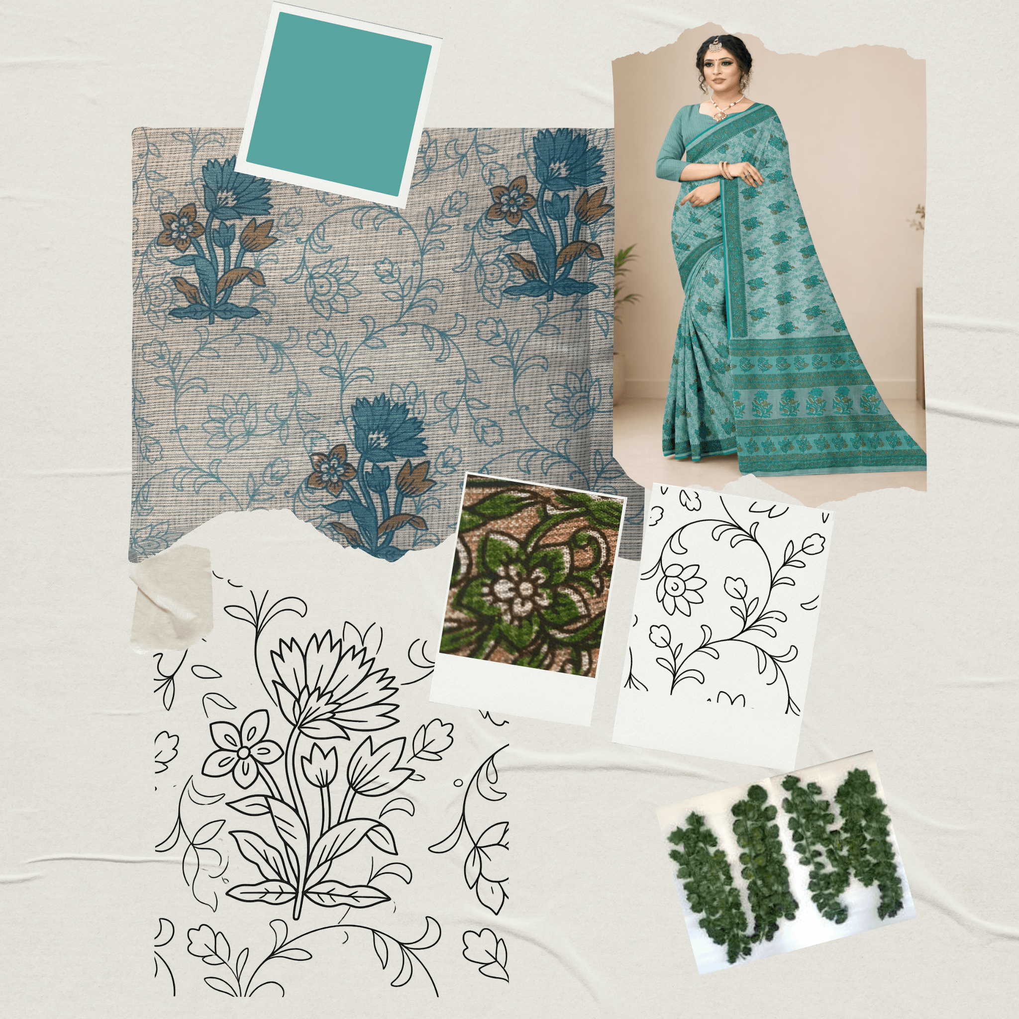 Kota Doria Floral Print Saree — Sky Blue — Rozana — drape detail