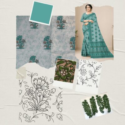 Kota Doria Floral Print Saree — Rama Green — Rozana — drape detail