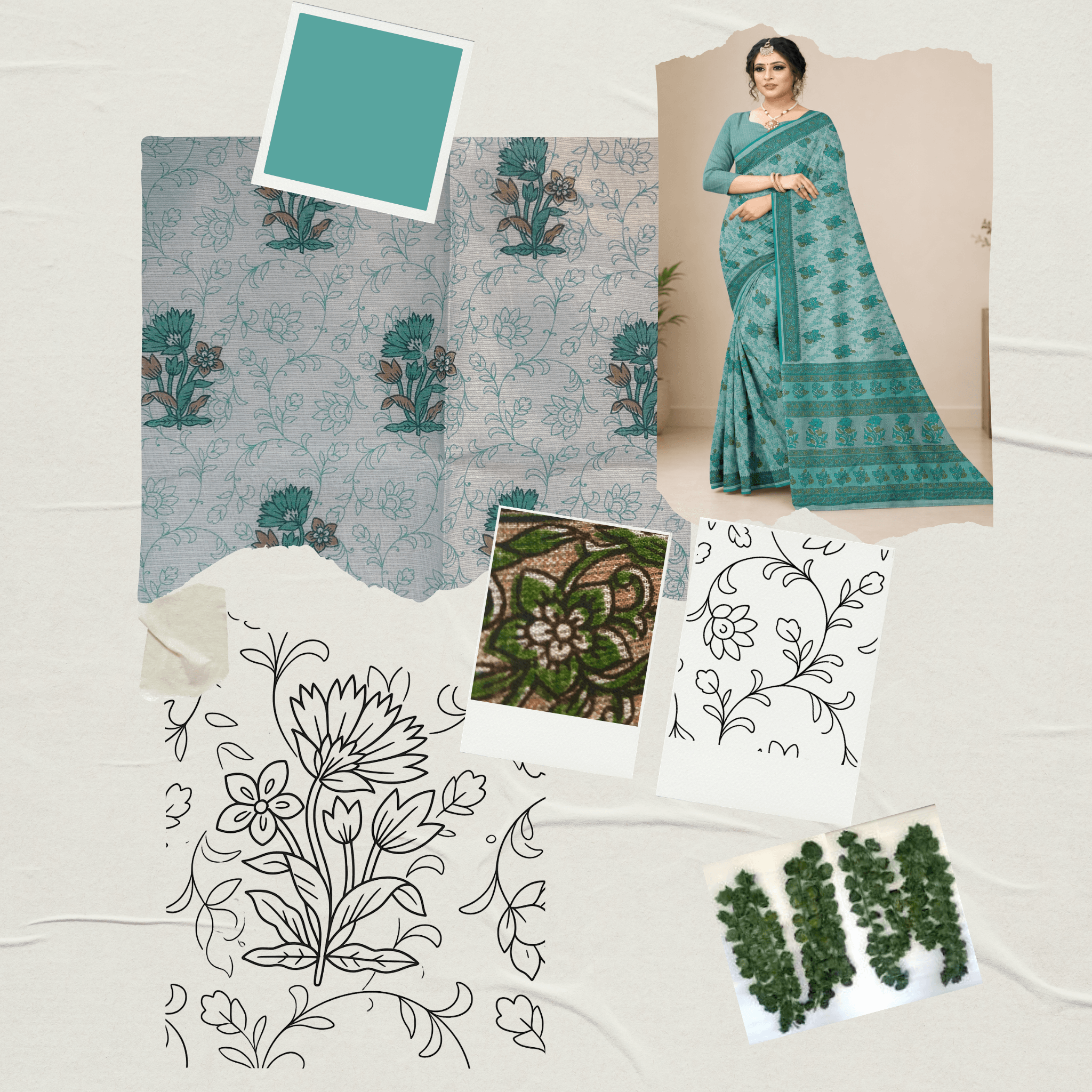Kota Doria Floral Print Saree — Rama Green — Rozana — drape detail