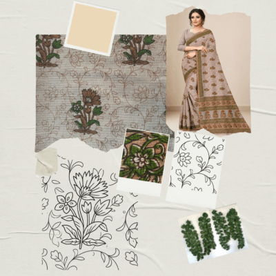 Kota Doria Floral Print Saree — Beige — Rozana — drape detail
