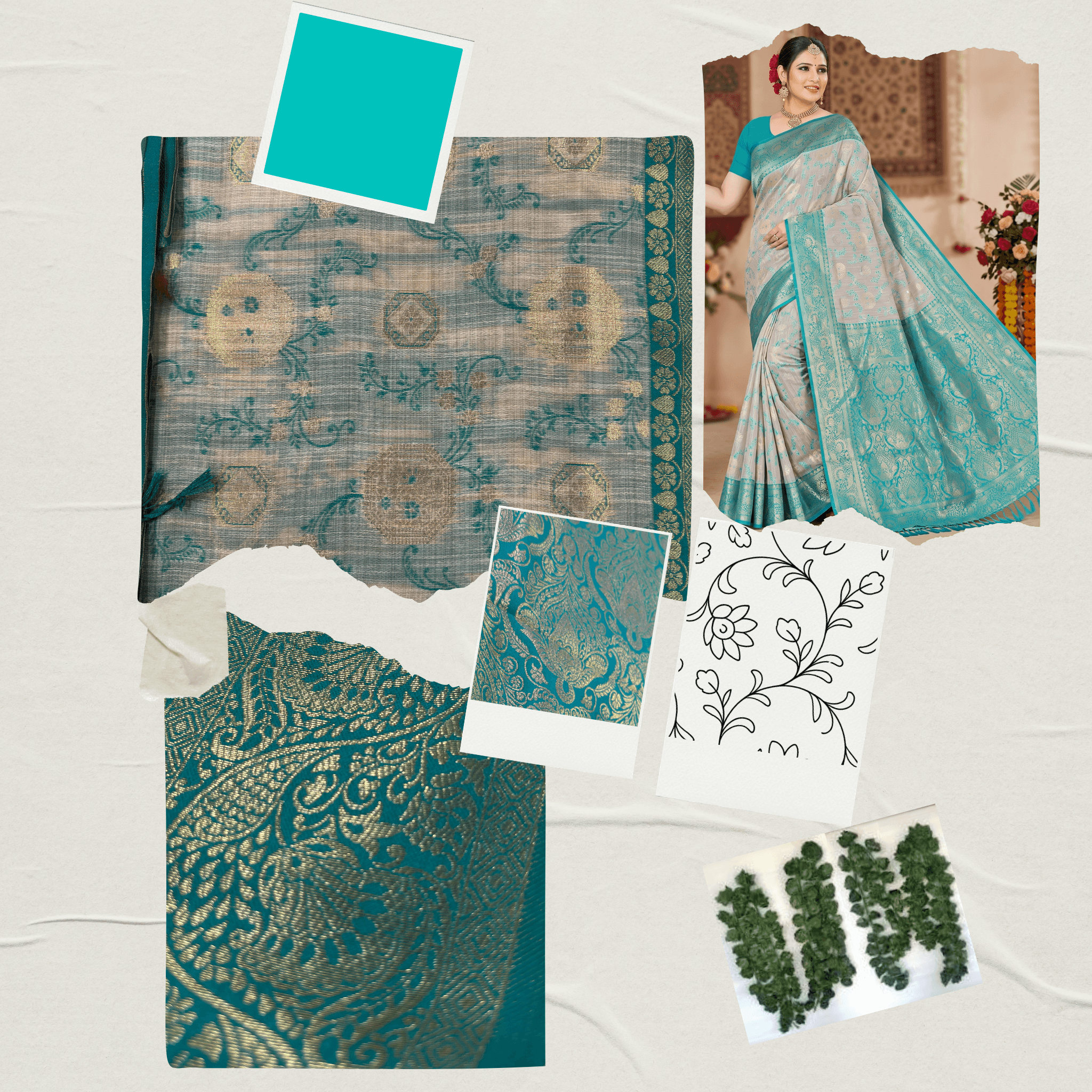 Cotton Geometric Bel Woven Saree — Peacock Blue - Image 7