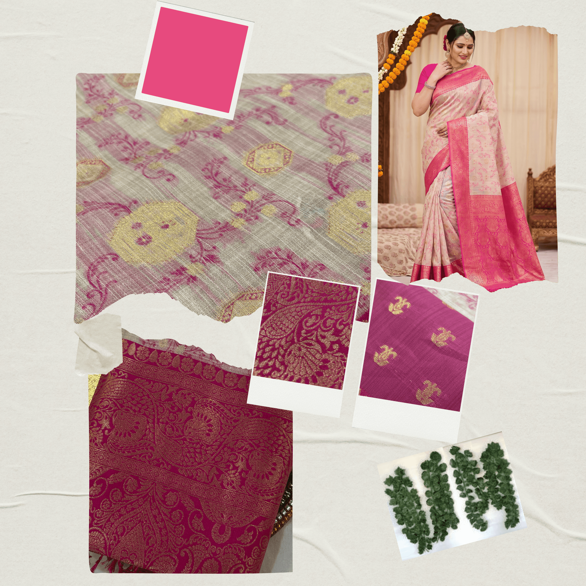Cotton Geometric Bel Woven Saree — Rani Pink - Image 7