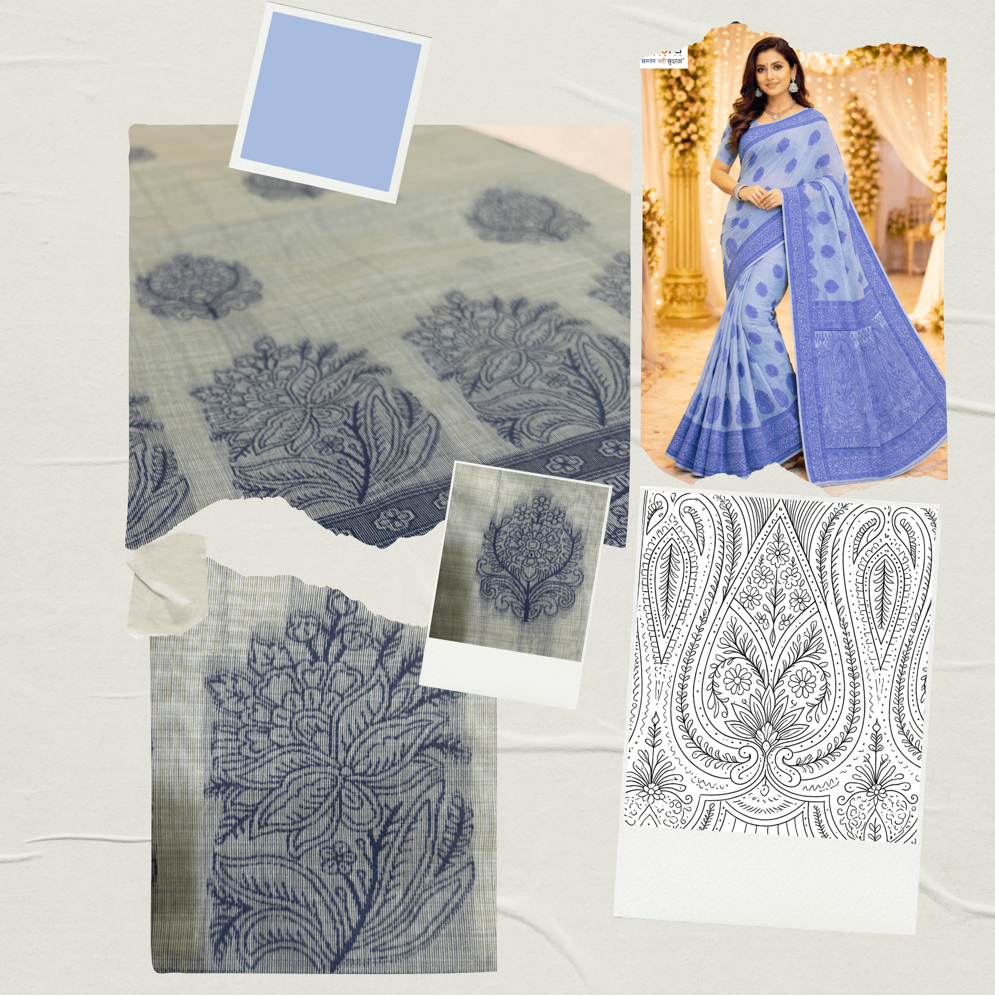 Cotton Bouquet Woven Saree — Dark Blue - Image 7
