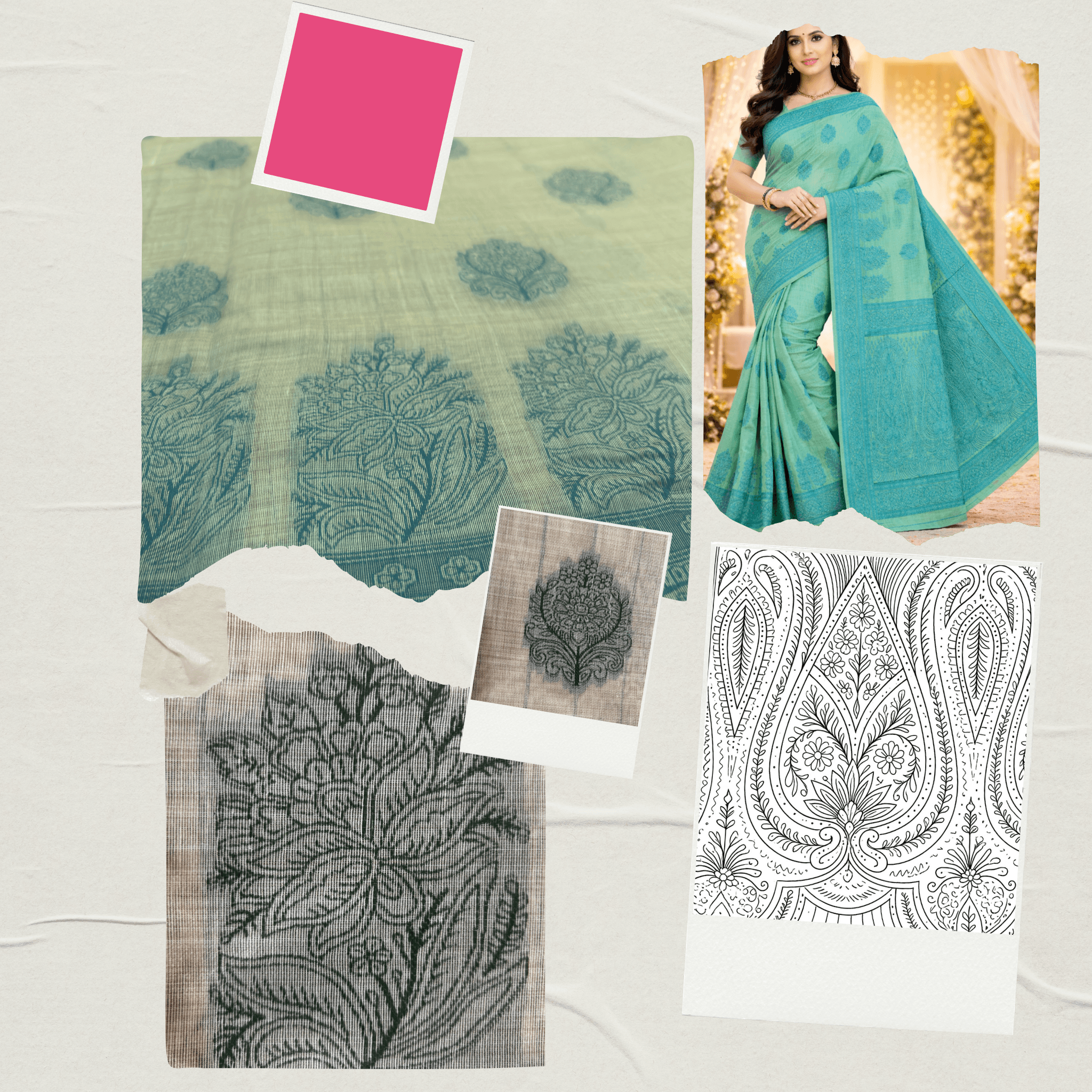 Cotton Bouquet Woven Saree — Mint Green - Image 7