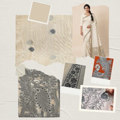 Cotton Kalamkari Woven Saree — Beige — Daftar — drape detail