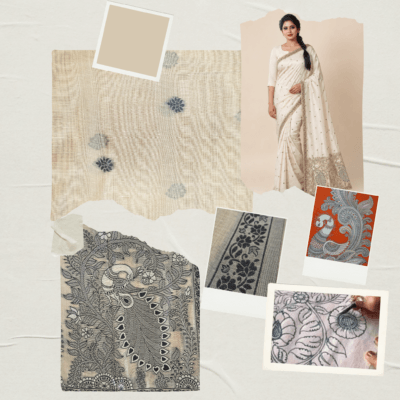 Cotton Kalamkari Woven Saree — Beige — Daftar — drape detail
