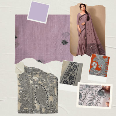 Cotton Kalamkari Woven Saree — Purple — Daftar — drape detail
