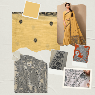 Cotton Kalamkari Woven Saree — Yellow — Daftar — drape detail