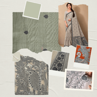 Cotton Kalamkari Woven Saree — Grey — Daftar — drape detail