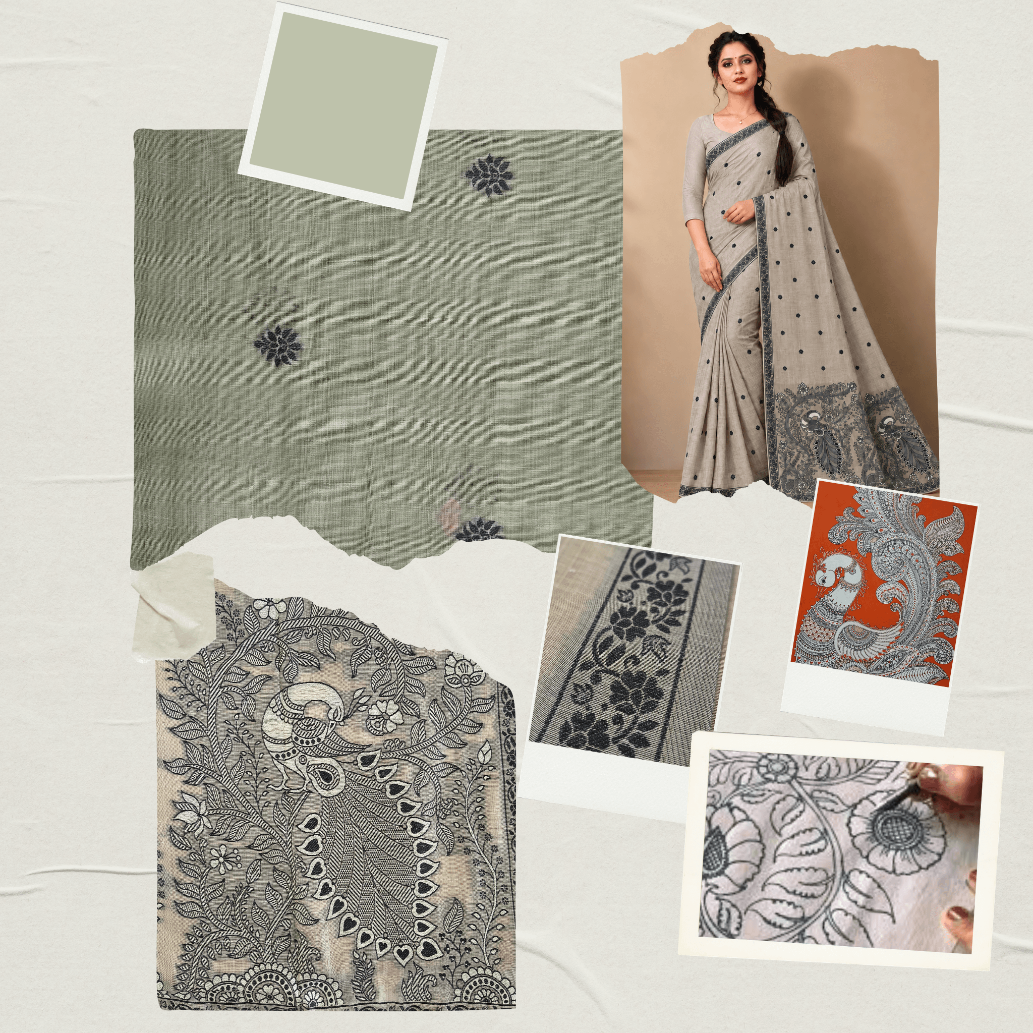 Cotton Kalamkari Woven Saree — Grey — Daftar — drape detail