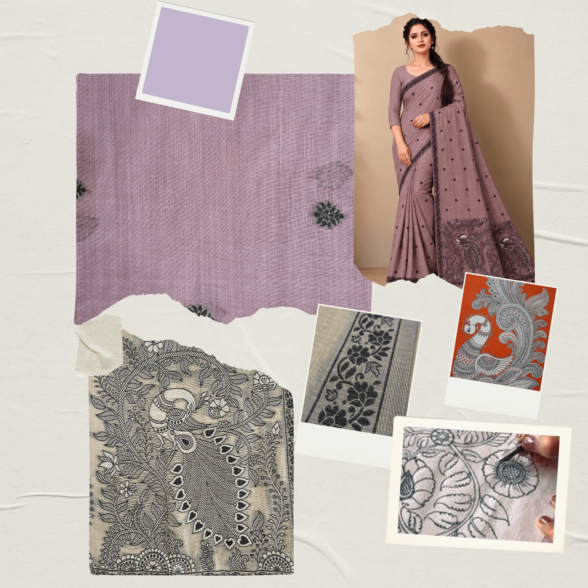 Cotton Kalamkari Woven Saree — Purple — Daftar — drape detail