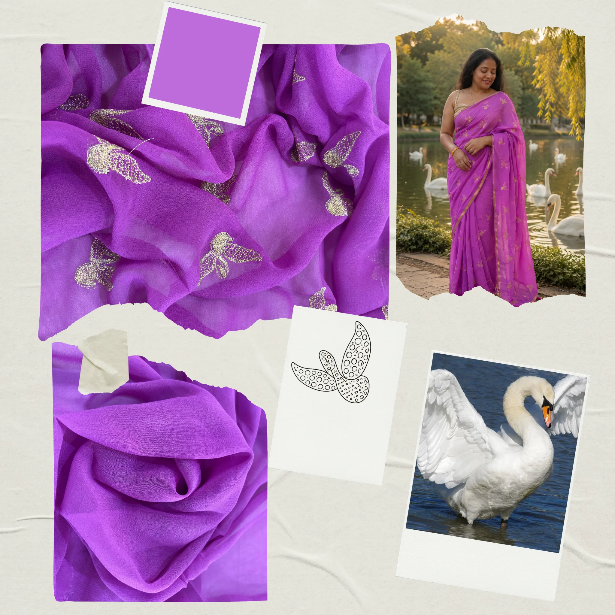 Viscose Georgette Hans Embroidered Saree — Purple - Image 9