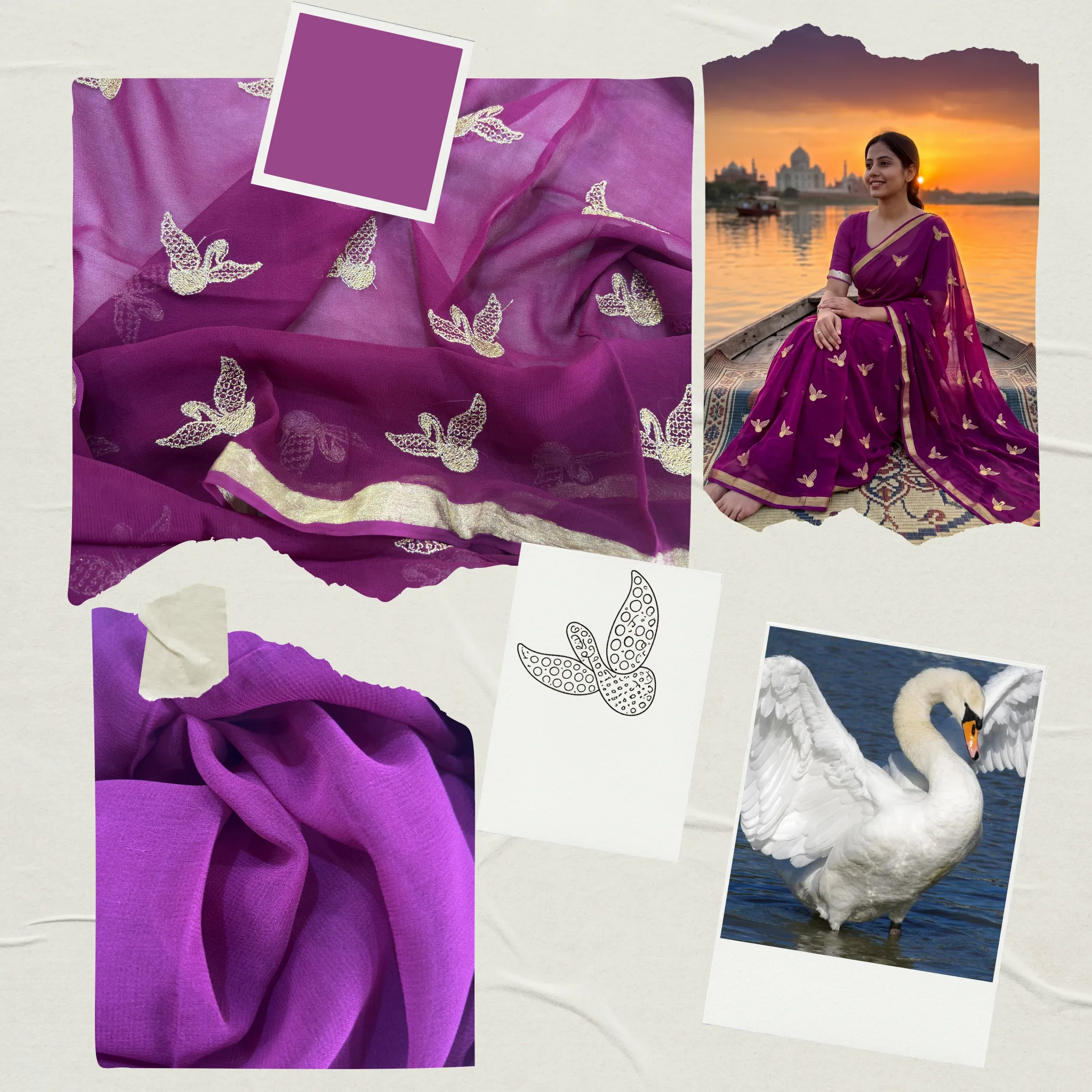 Viscose Georgette Hans Embroidered Saree — Violet - Image 9