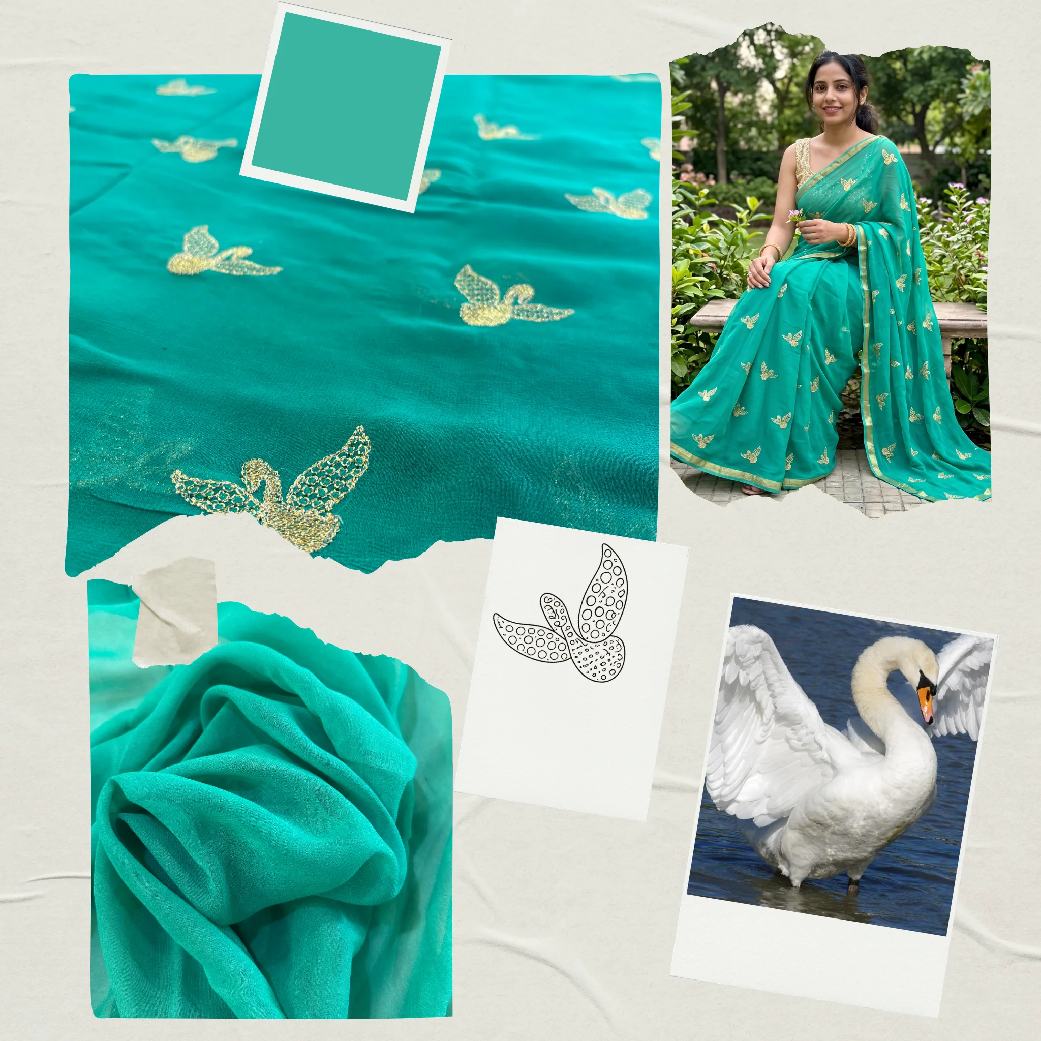 Viscose Georgette Hans Embroidered Saree — Rama Green - Image 9