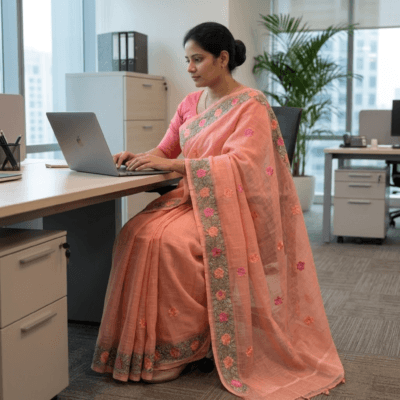 Kota Doria Rose Embroidered Saree — Peach